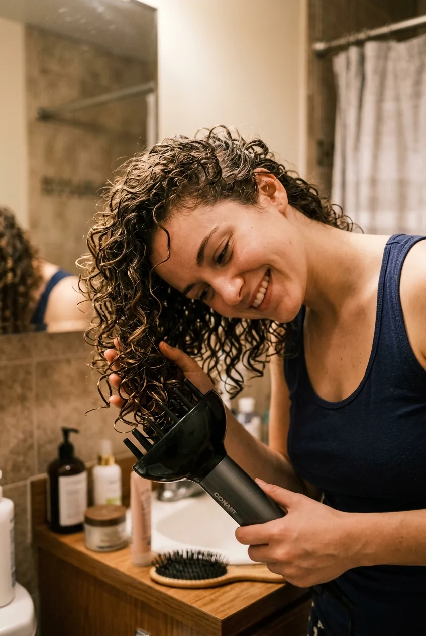 Woman scrunching curls with diffuser attachment creating bouncy curl formation