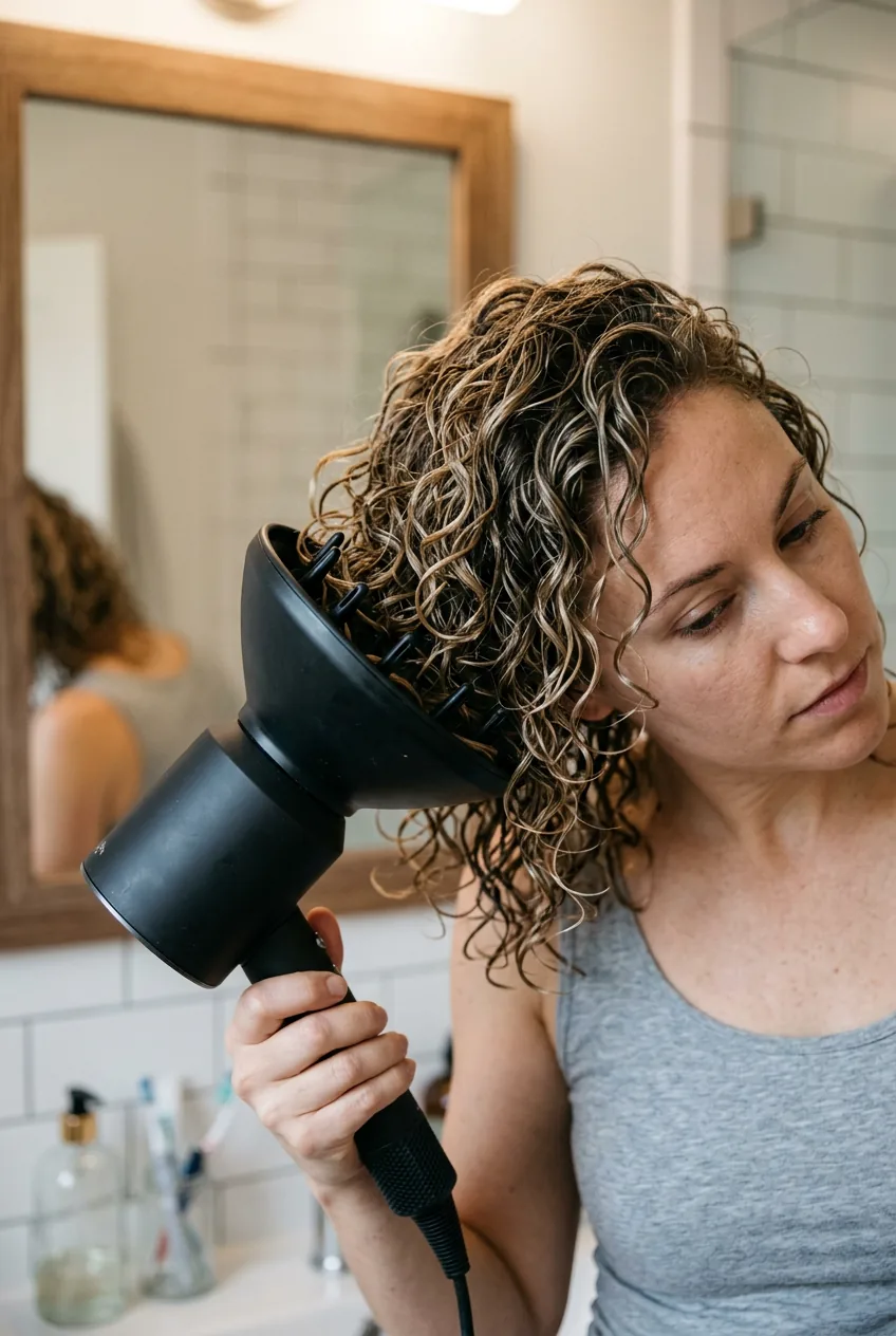 Close-up of diffuser bowl cupping thin curls near woman's scalp during styling process