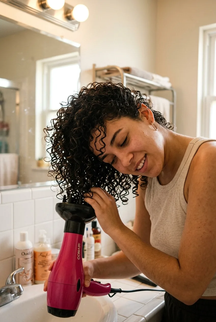 Woman using diffuser attachment on blow dryer to dry curly lob with head tilted sideways