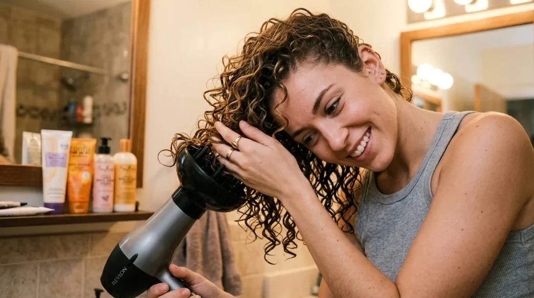 Woman using diffuser attachment on blow dryer to style thin curly hair with lifting motion