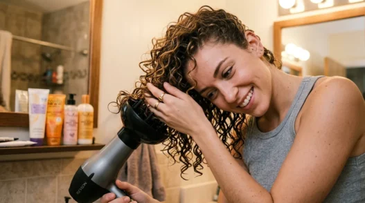Woman using diffuser attachment on blow dryer to style thin curly hair with lifting motion