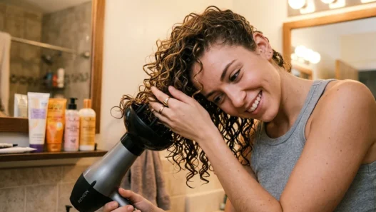Woman using diffuser attachment on blow dryer to style thin curly hair with lifting motion