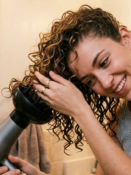 Woman using diffuser attachment on blow dryer to style thin curly hair with lifting motion