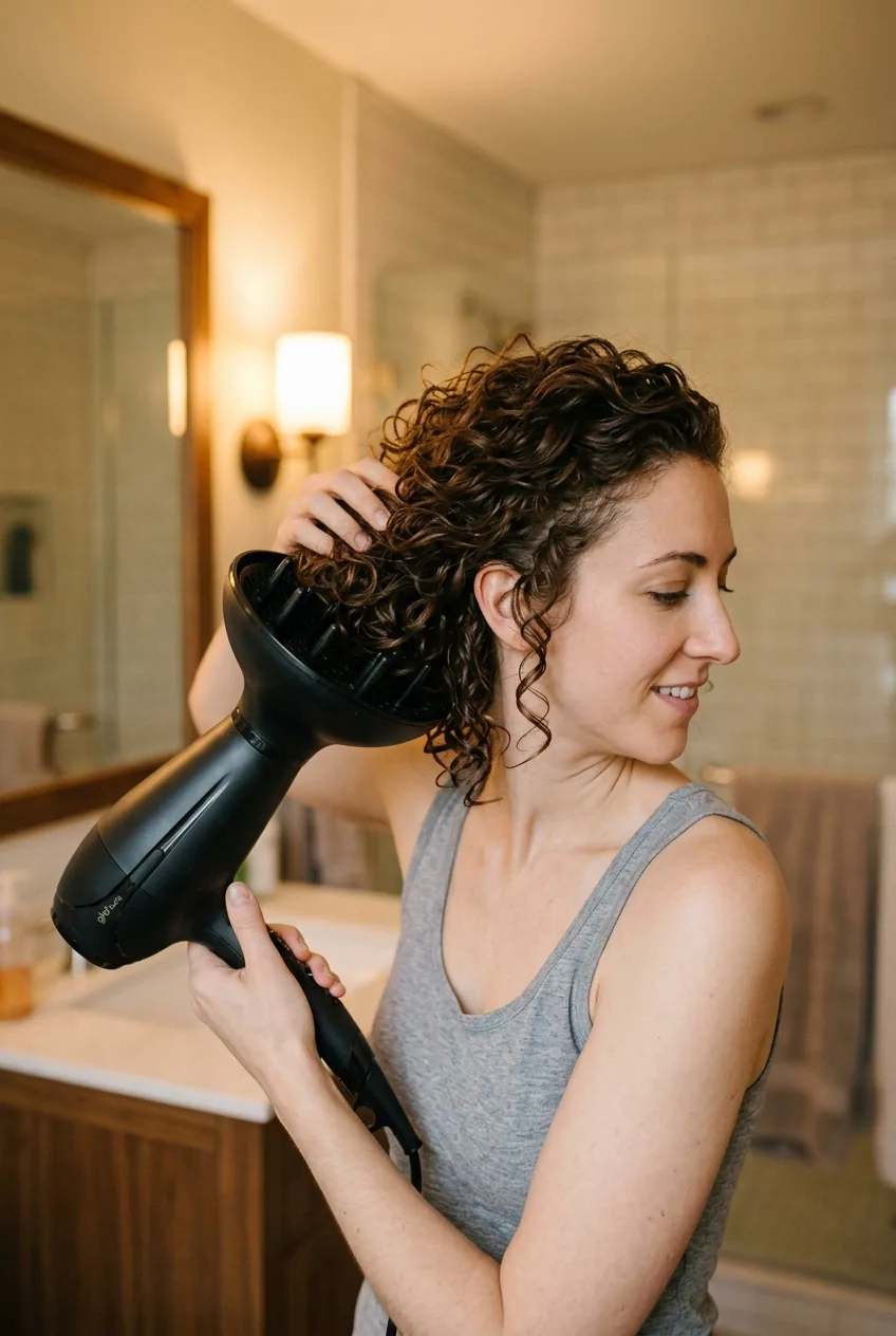 Profile view of woman diffusing thin curly hair with diffuser bowl technique