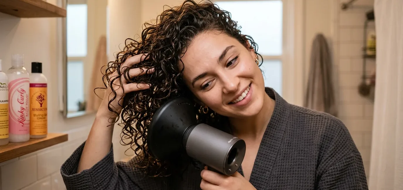 Woman using diffuser attachment on blow dryer to style thin curly hair with head tilted sideways