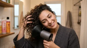 Woman using diffuser attachment on blow dryer to style thin curly hair with head tilted sideways