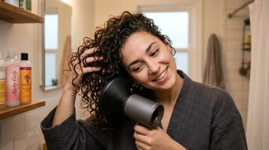 Woman using diffuser attachment on blow dryer to style thin curly hair with head tilted sideways