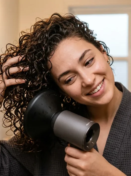 Woman using diffuser attachment on blow dryer to style thin curly hair with head tilted sideways