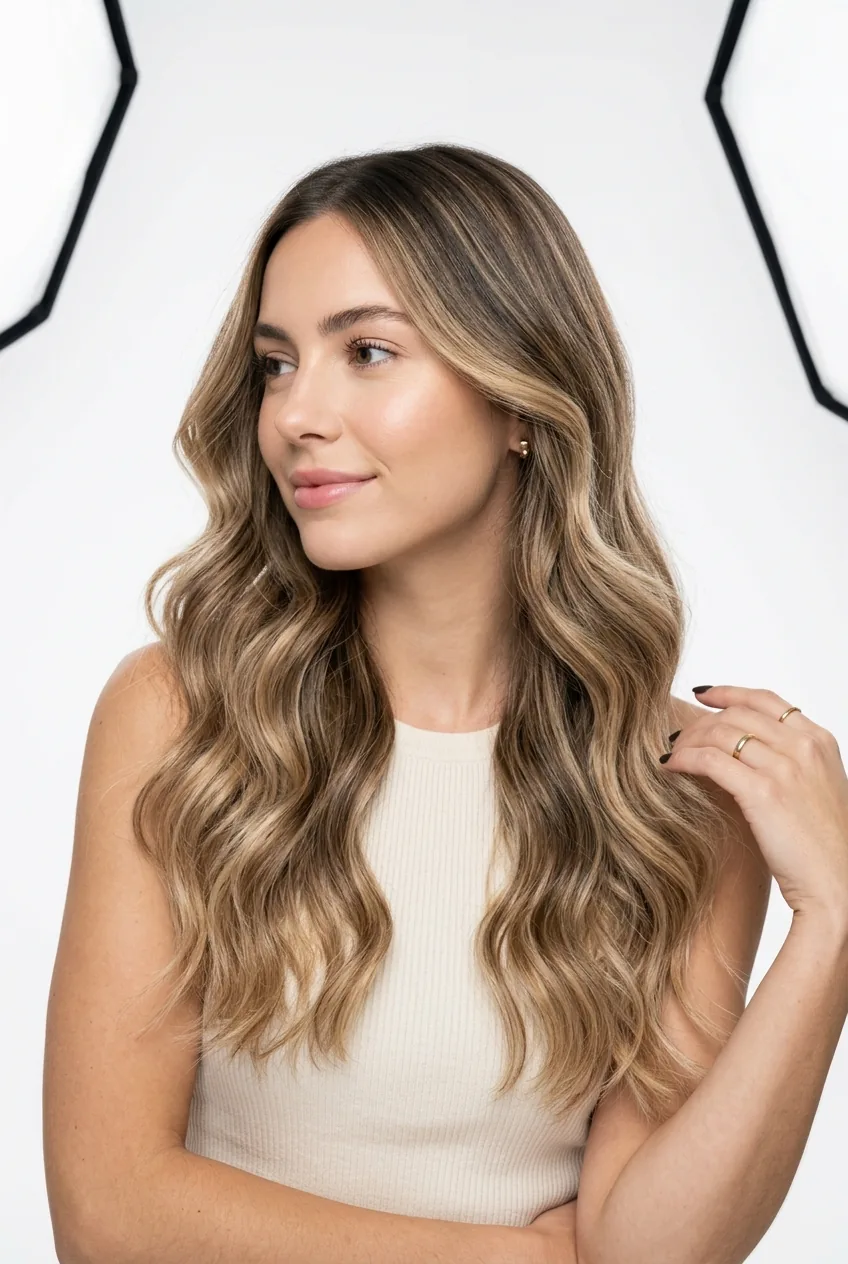 Woman with dimensional balayage showing expert color placement and natural blending