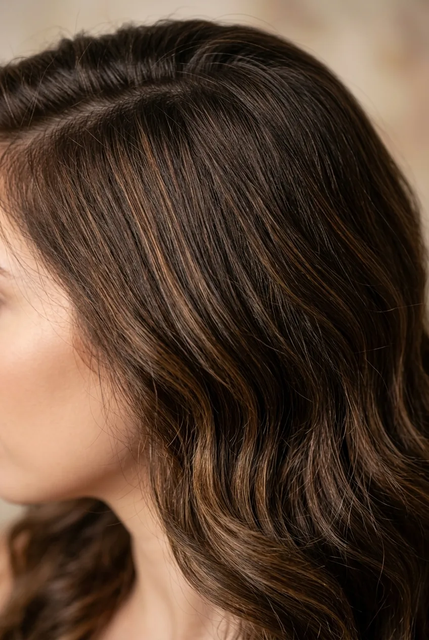 Dimensional brunette hair color with subtle highlights creating natural depth and movement