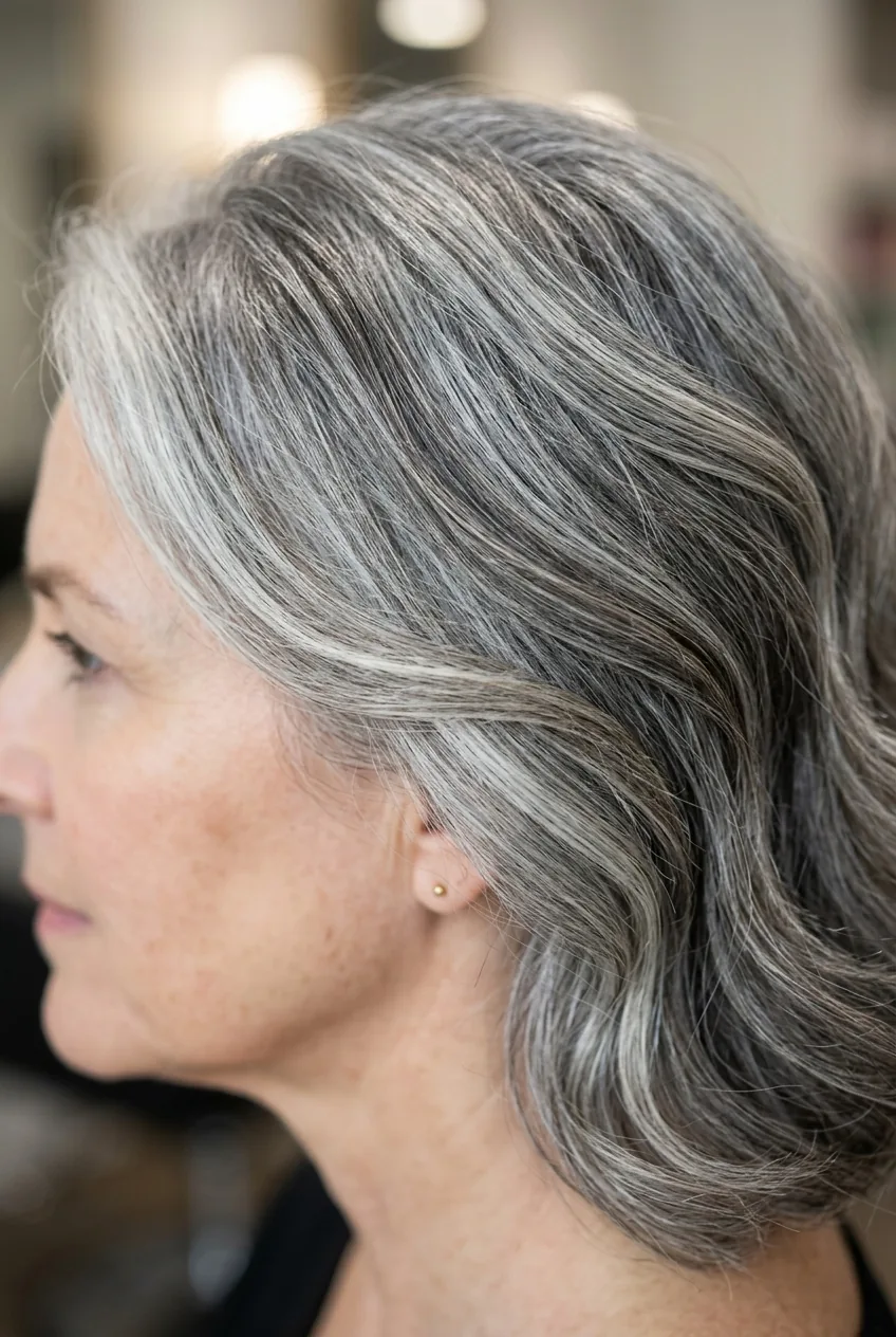 Dimensional gray hair with strategic silver highlights and lowlights in soft lighting