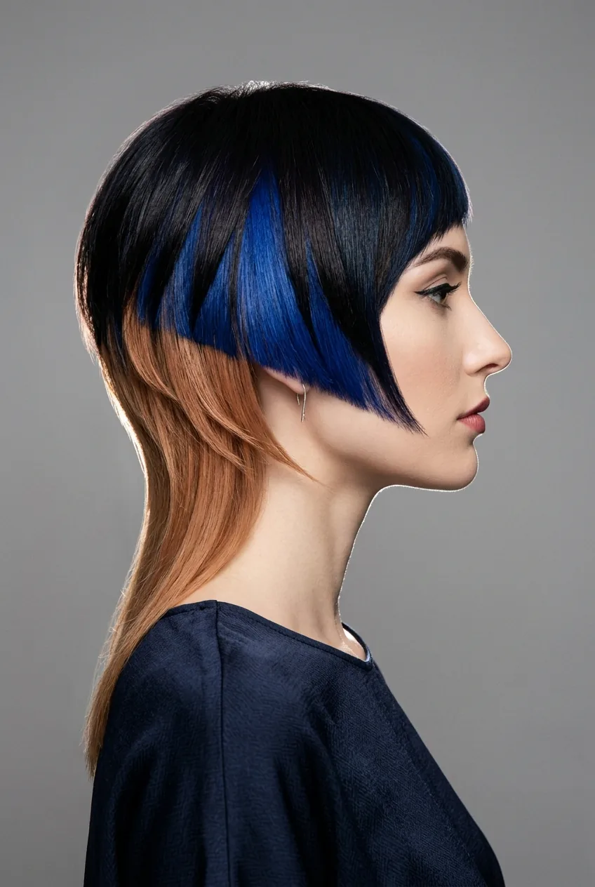Woman with disconnected layered cut featuring separate sections and contrasting color blocks