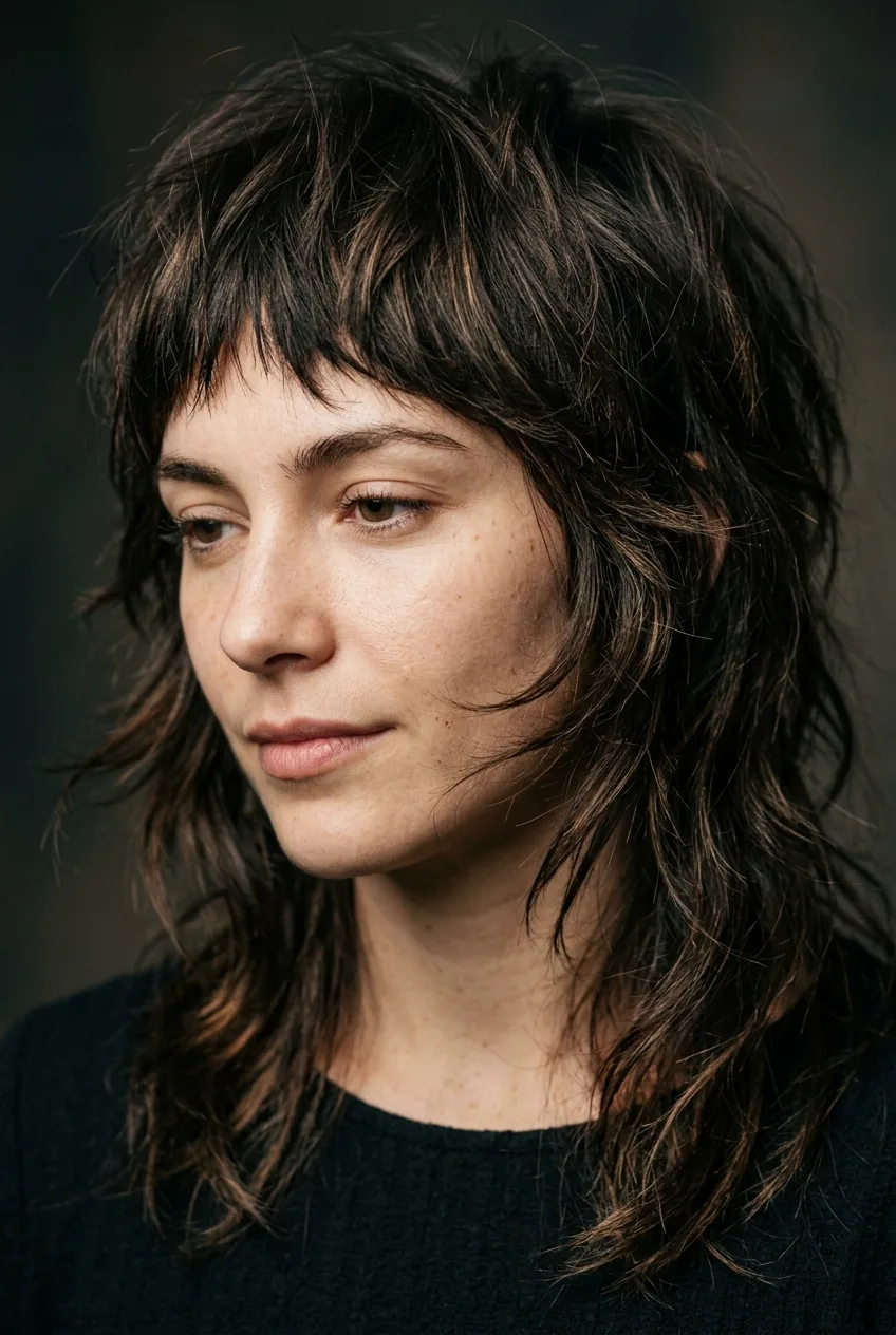 Woman with disconnected wolf cut displaying dramatic choppy layers and textural contrast