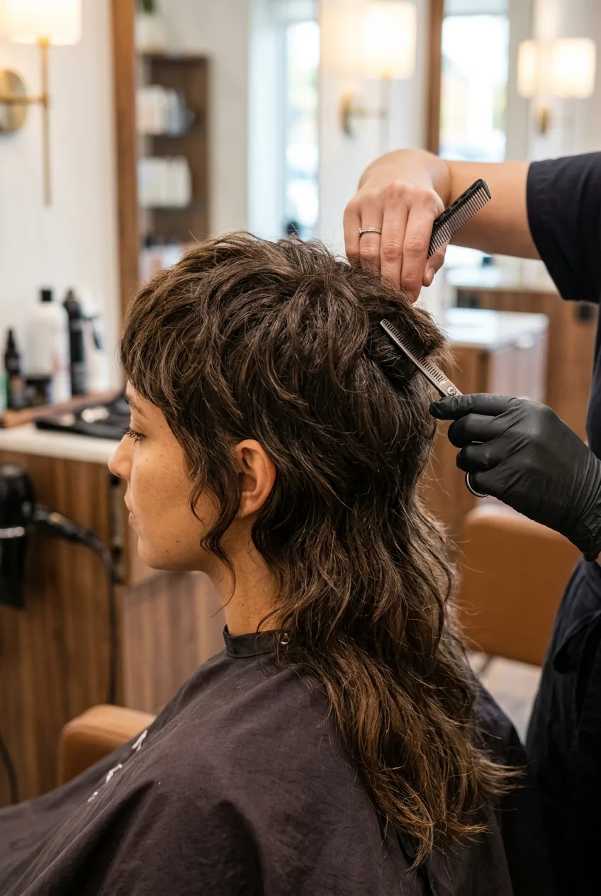 Disconnection technique showing shorter crown layers above longer underneath hair