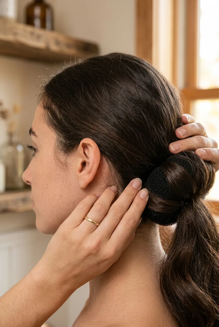 Hair being wrapped around foam donut bun maker at nape of neck during updo construction