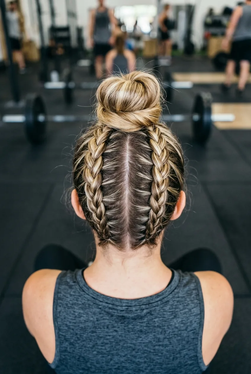 Double Dutch braids meeting at crown to form high bun in overhead view