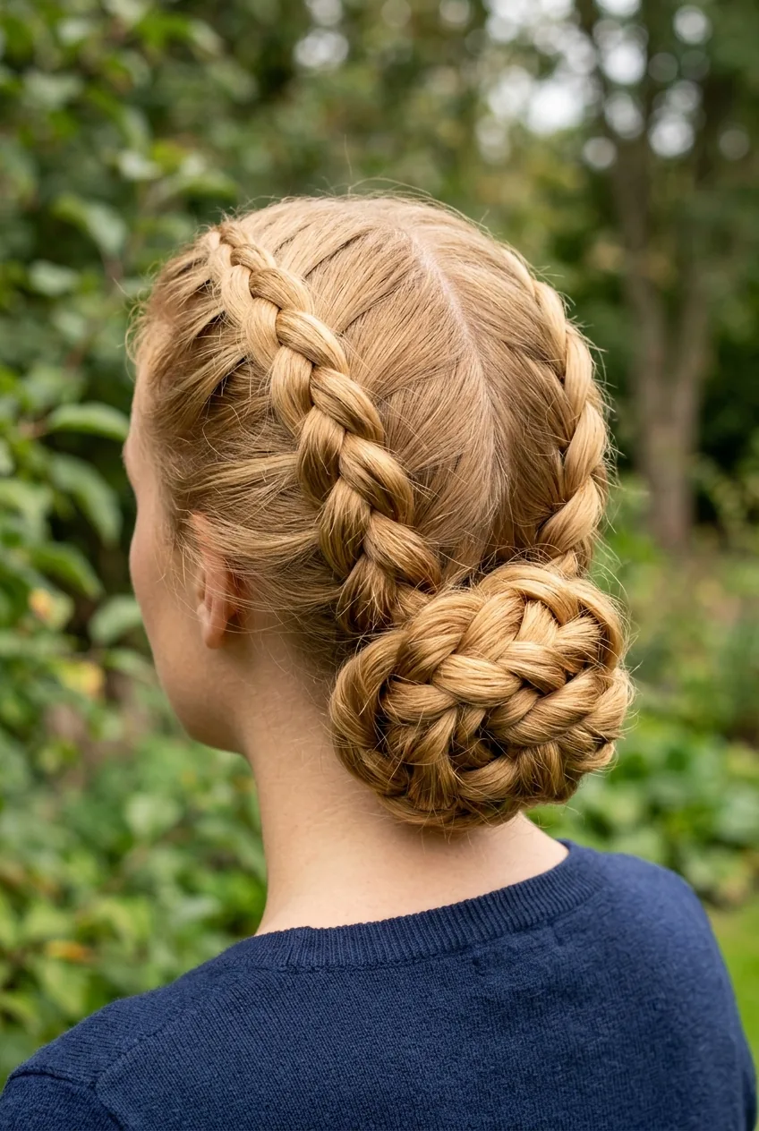 Golden blonde hair styled in double Dutch braids transitioning into twisted knot bun