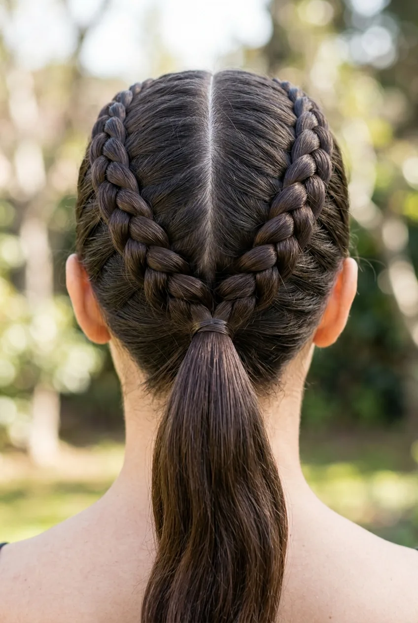 Double Dutch braids meeting at single ponytail with symmetrical temple braiding