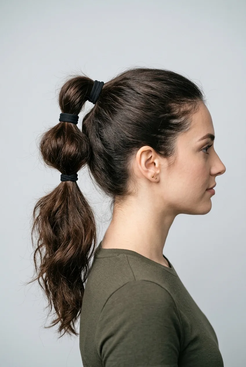 Side view of high ponytail with double elastic technique showing volume between hair ties