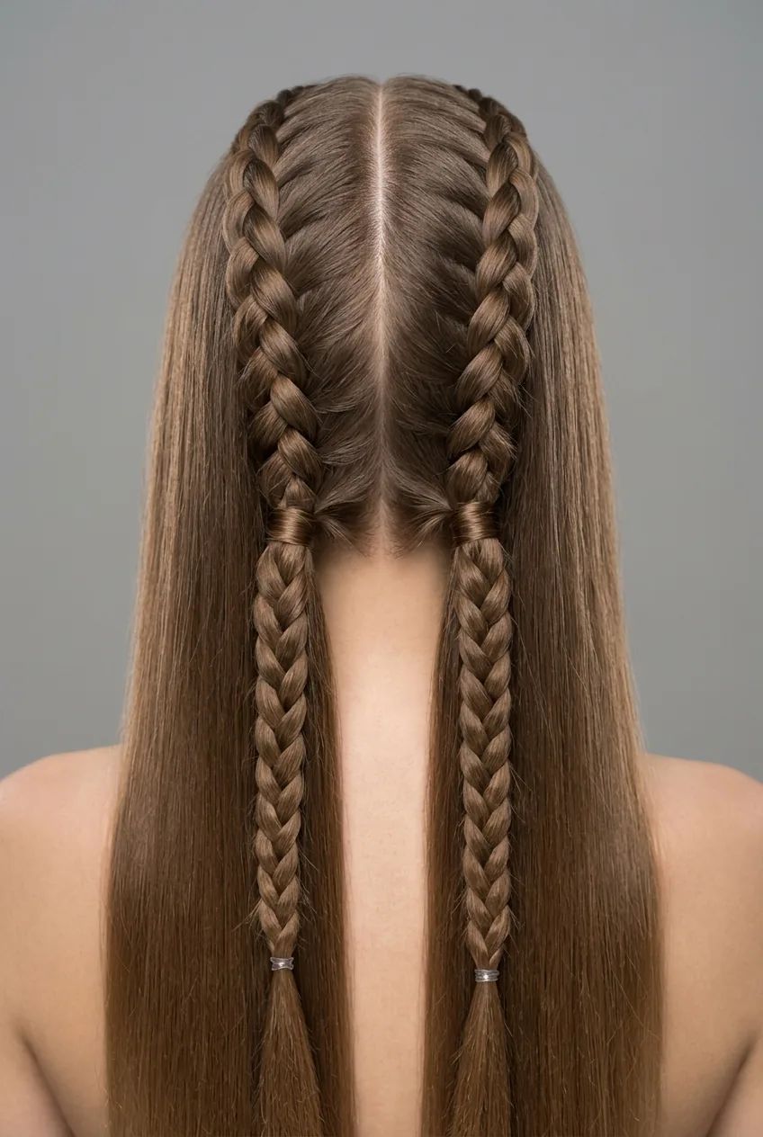 Long straight hair in symmetrical double French braids showing parallel braiding technique