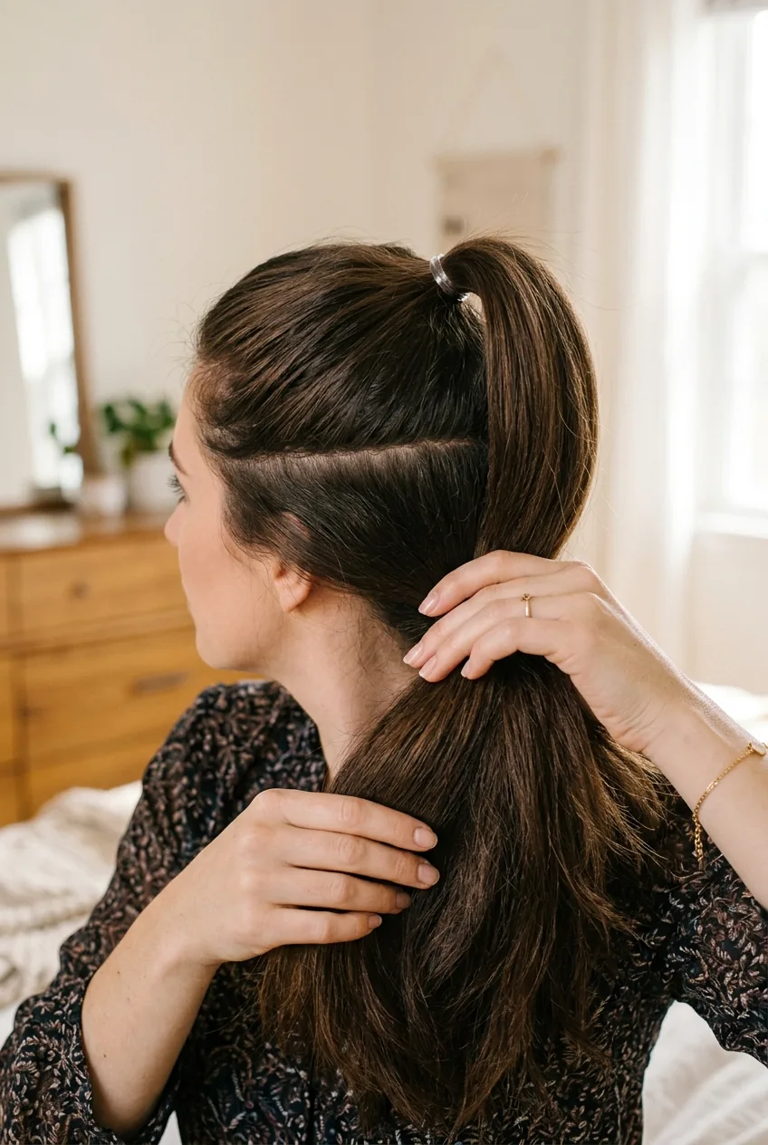 Hair sectioned horizontally demonstrating double ponytail volume technique with clear elastics