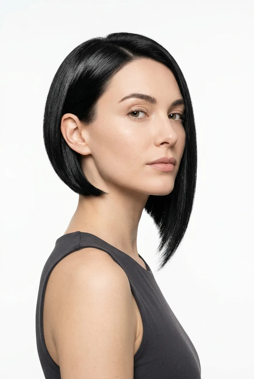 Woman with dramatic asymmetrical bob showing longer side sweeping across jawline