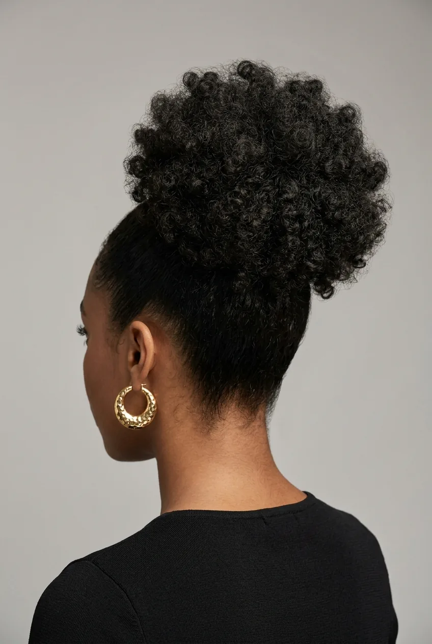 Dramatic high curly bun at crown with voluminous texture and gold statement earrings