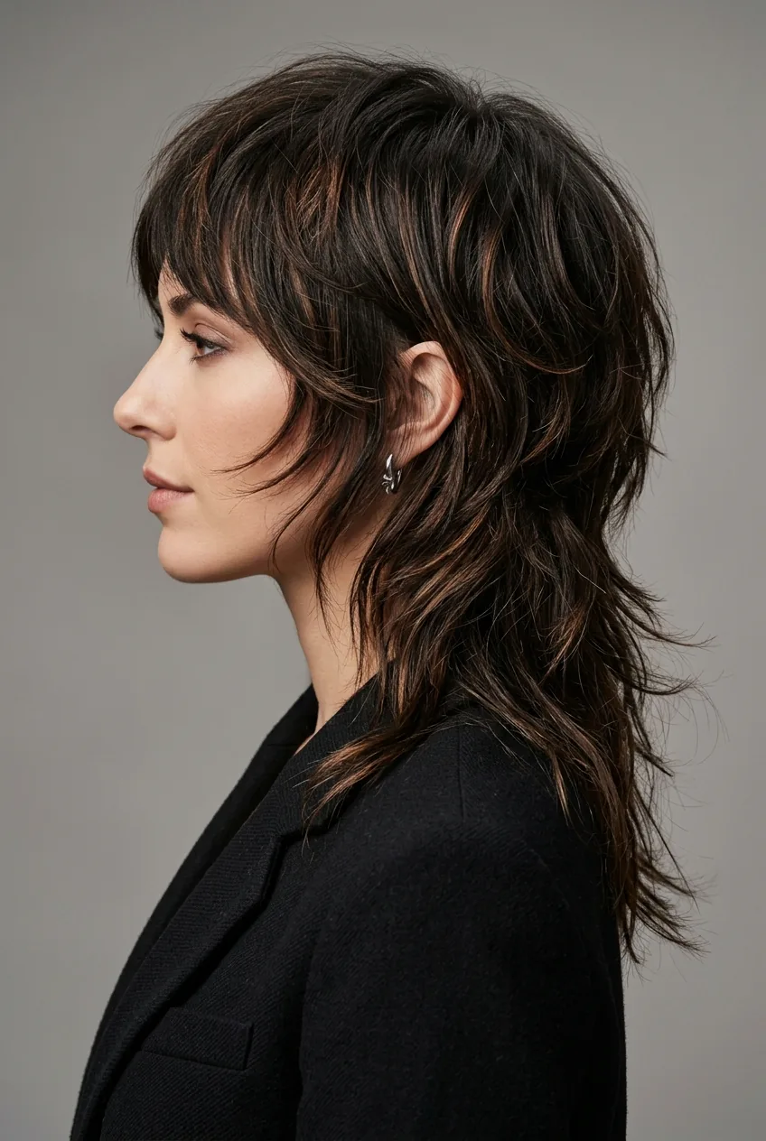 Woman with dramatic choppy shag layers and face-framing pieces in professional lighting