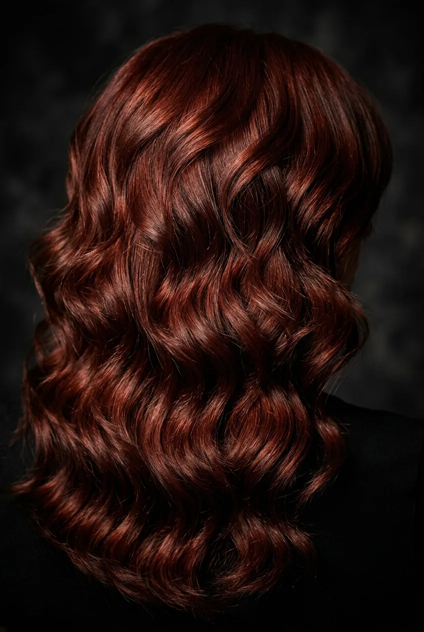 Auburn hair with dramatic layered cut creating waterfall-effect wave formation