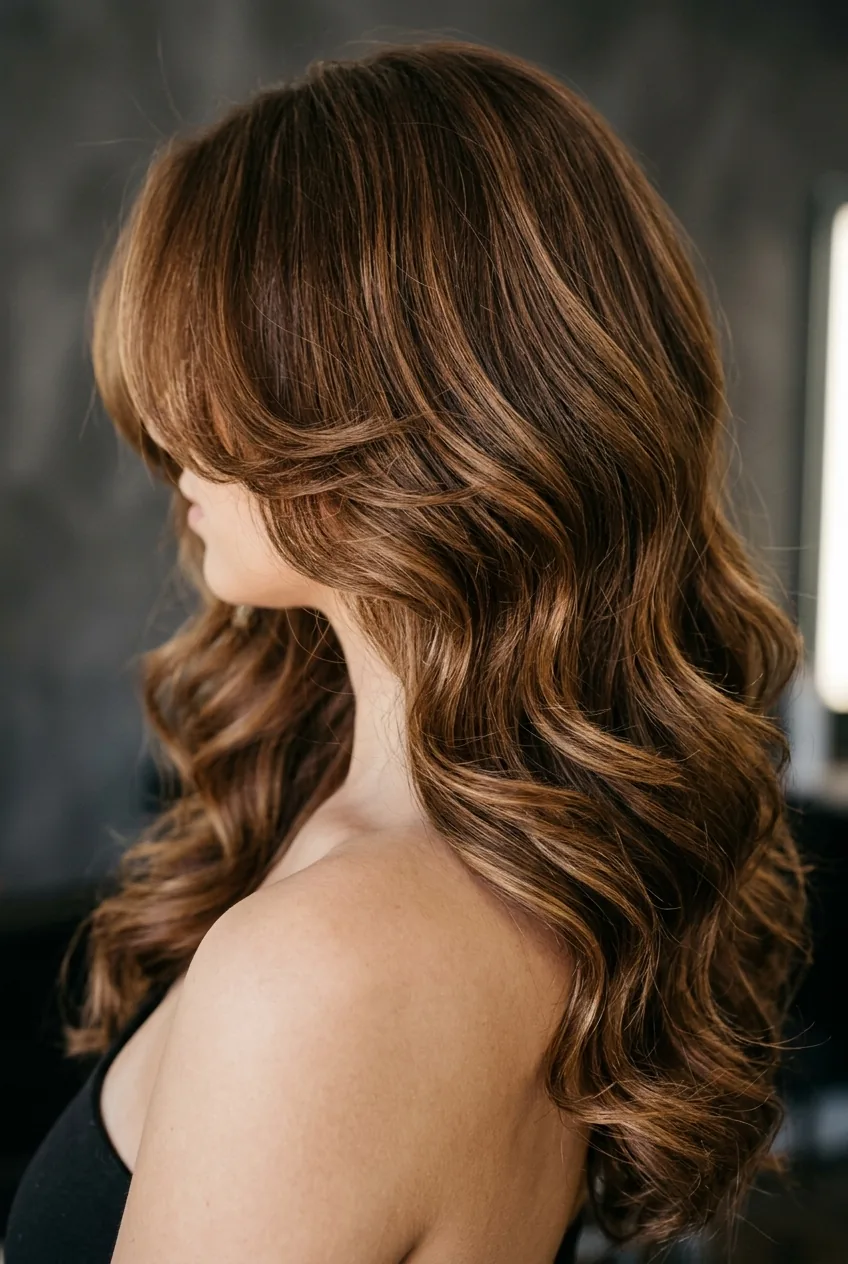 Woman with dramatic long layered waves featuring face-framing pieces cascading over shoulder and collarbone