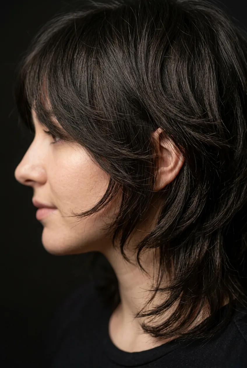 Portrait showing dramatic layered haircut with visible cutting angles and weight distribution from crown to jawline