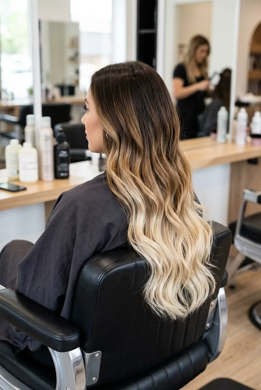 Long hair showing dramatic ombre gradient from dark roots to light blonde ends