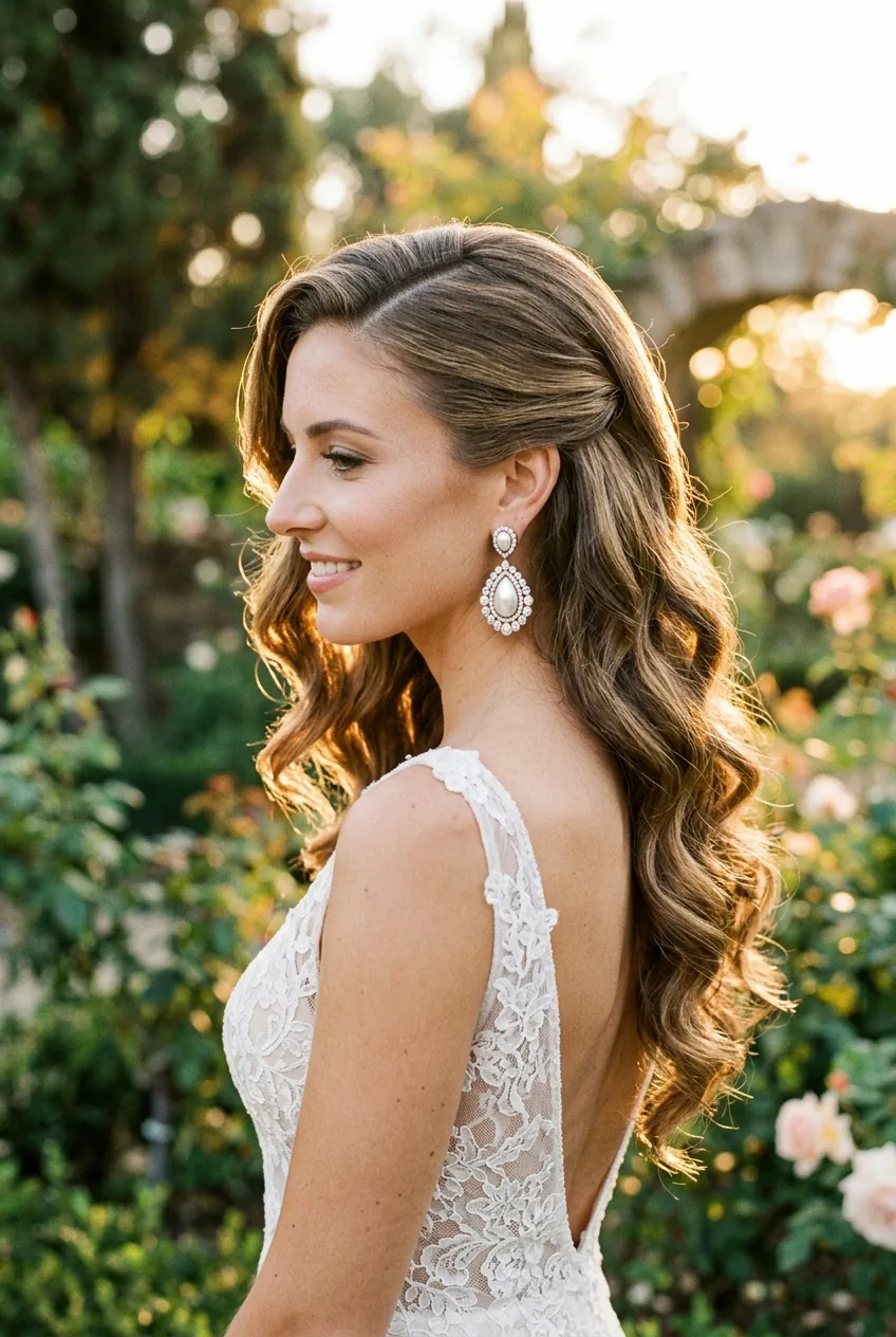 Dramatic side-swept wedding hairstyle with deep part and soft curls in golden hour garden setting