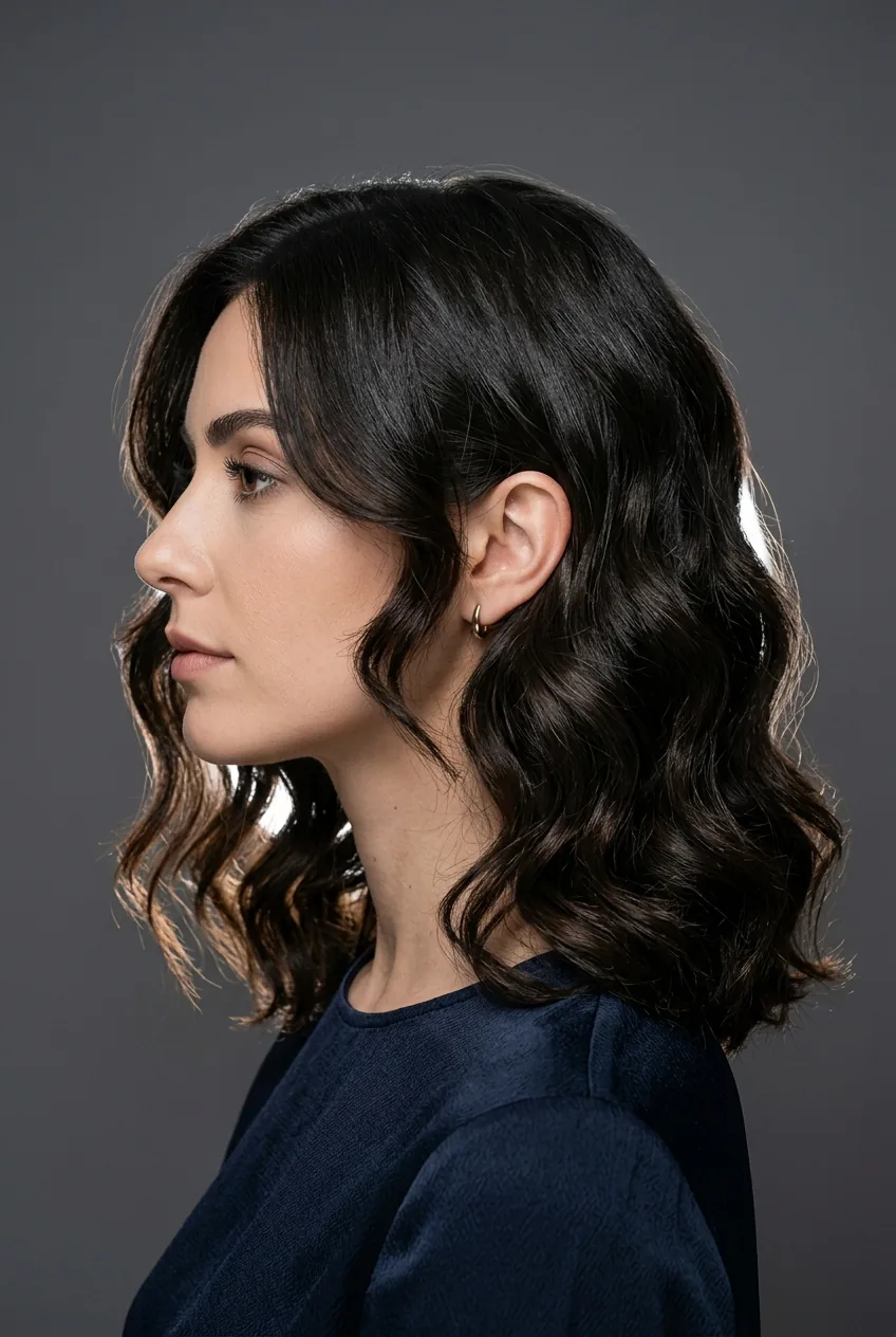 Woman with dramatic statement wavy lob showing deeper waves and face-framing layers