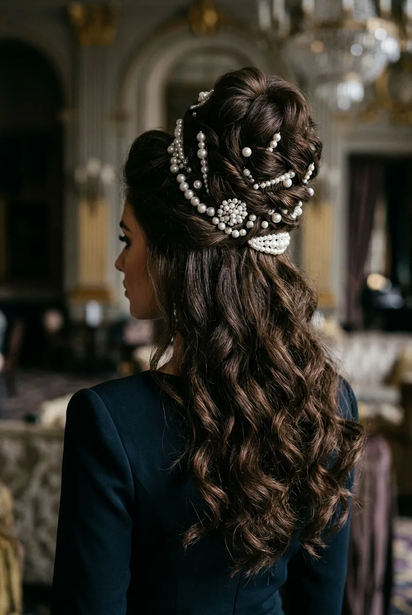 Dramatic voluminous half up wedding style with high twisted crown and statement pearl accessories