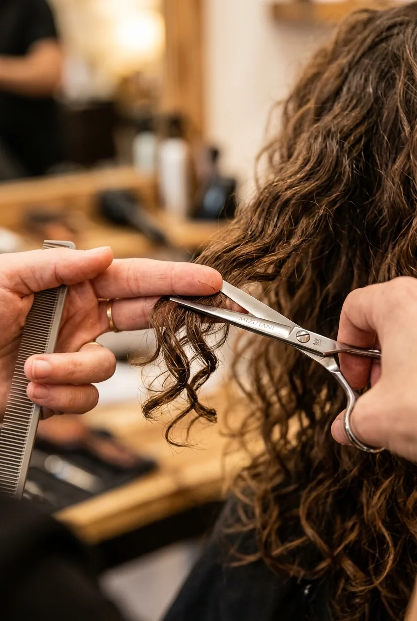 Stylist precision cutting dry wavy hair section by section respecting natural curl pattern