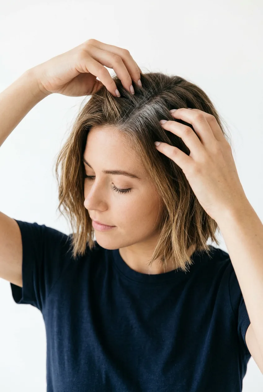 Hands applying dry shampoo at roots of French bob with fingertip massage technique