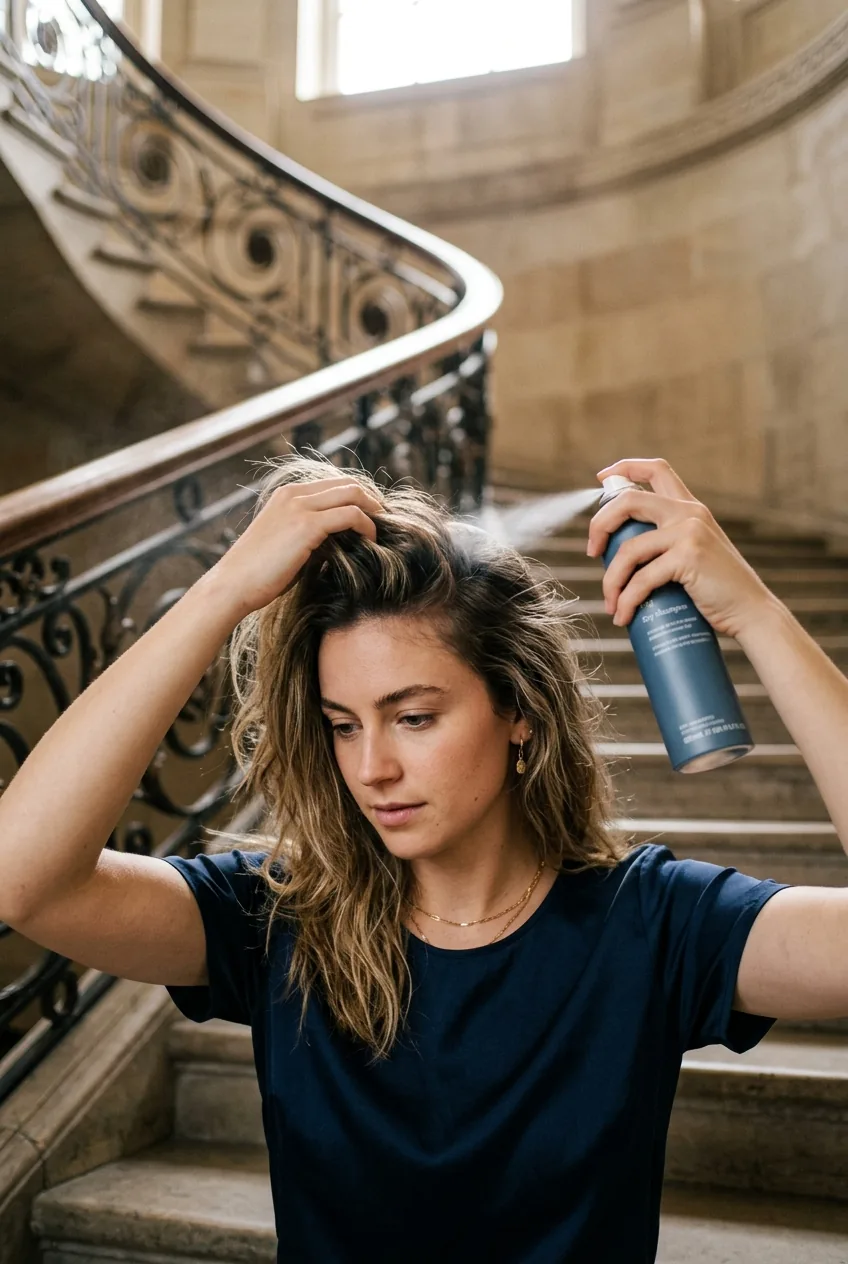 Woman applying dry shampoo to hair roots while lifting sections