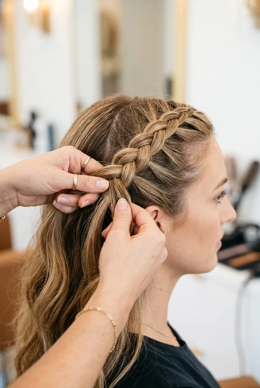 Close-up of fingers weaving Dutch braid technique with three hair strands mid-creation process