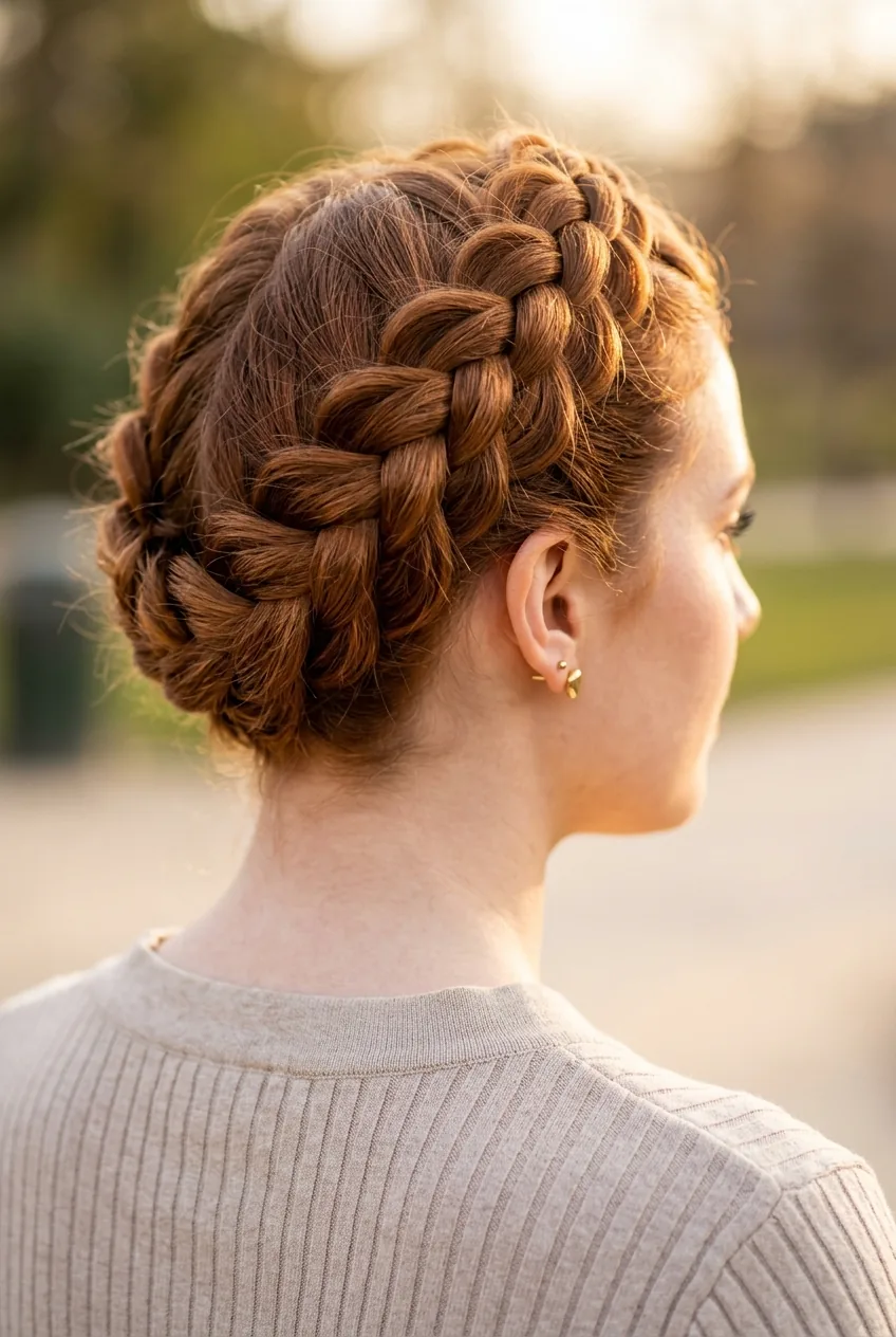 Three-quarter view of woman with auburn hair showcasing raised Dutch braid crown style