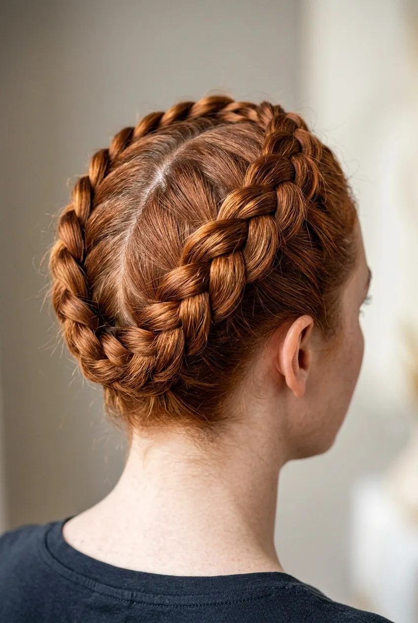 Auburn hair styled in dutch braid twins with raised crown effect under studio lighting