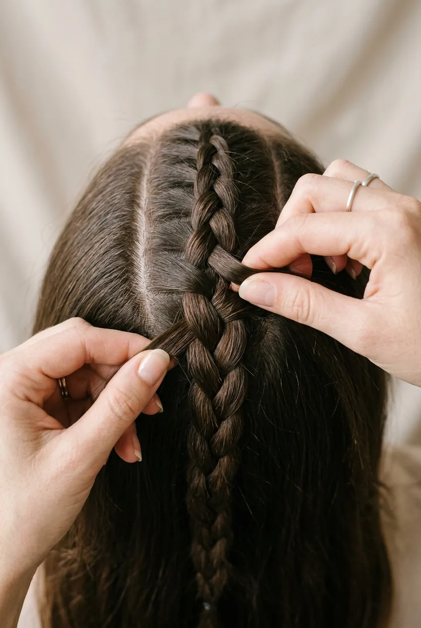 Overhead view of hands creating Dutch braid foundation showing proper crossover finger positioning