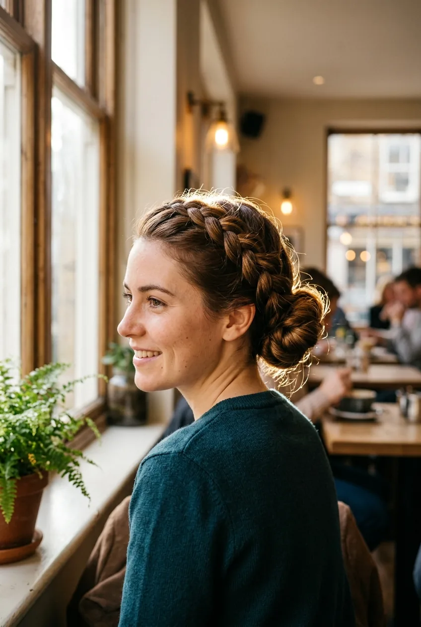 Woman with Dutch braid leading into bun showing raised braid pattern