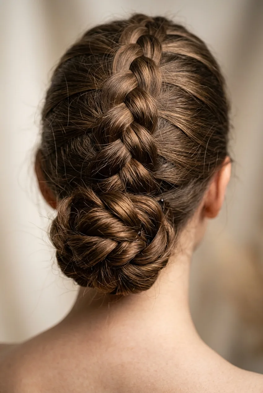 Dutch braid flowing into low bun at nape of neck showing detailed braid pattern from behind