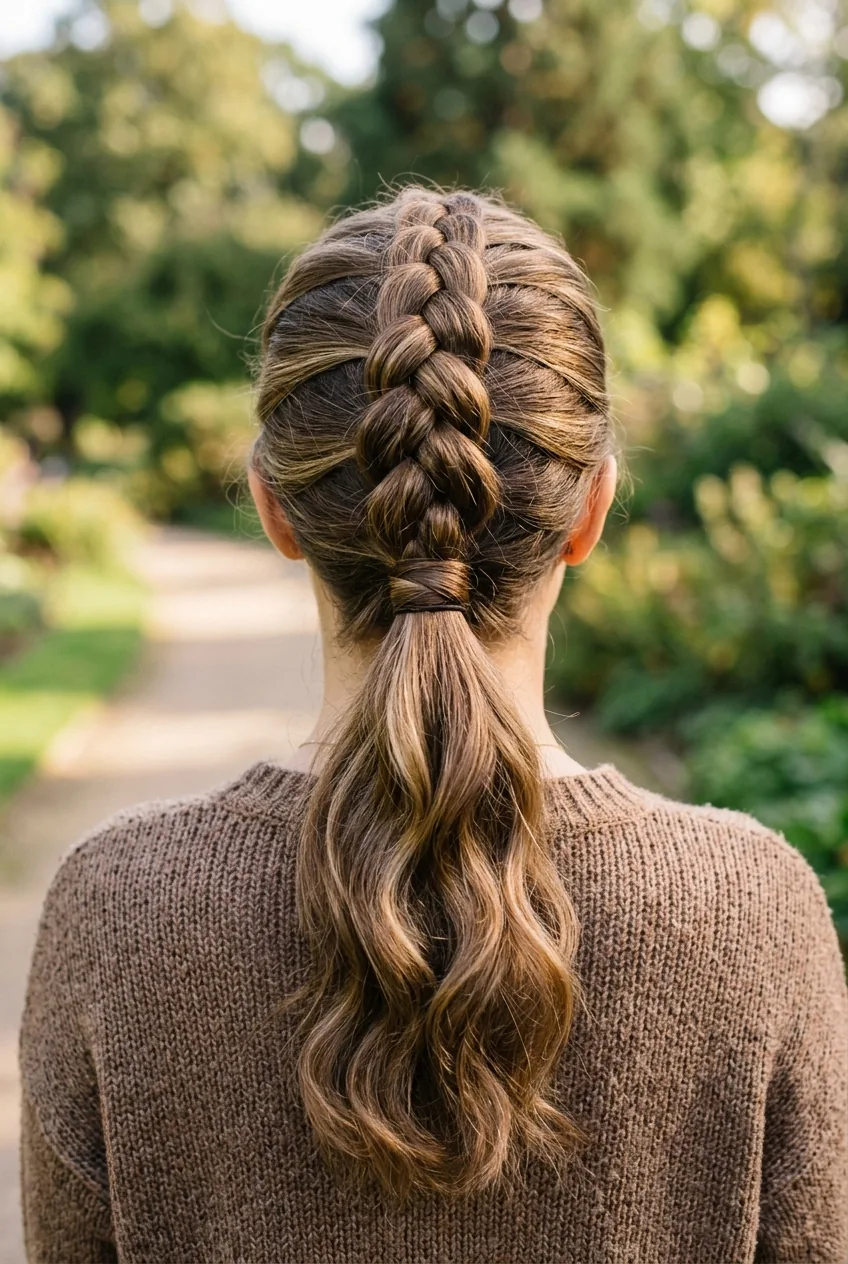 Dutch braid feeding into ponytail base showing intricate braid work and texture