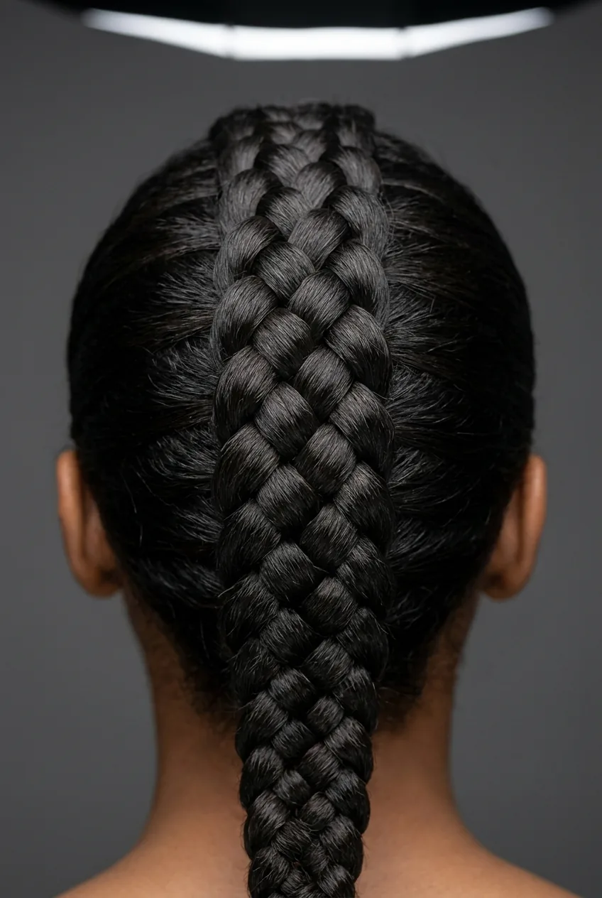 Dark hair in Dutch French braid displaying raised inverted weave pattern with dimensional effect