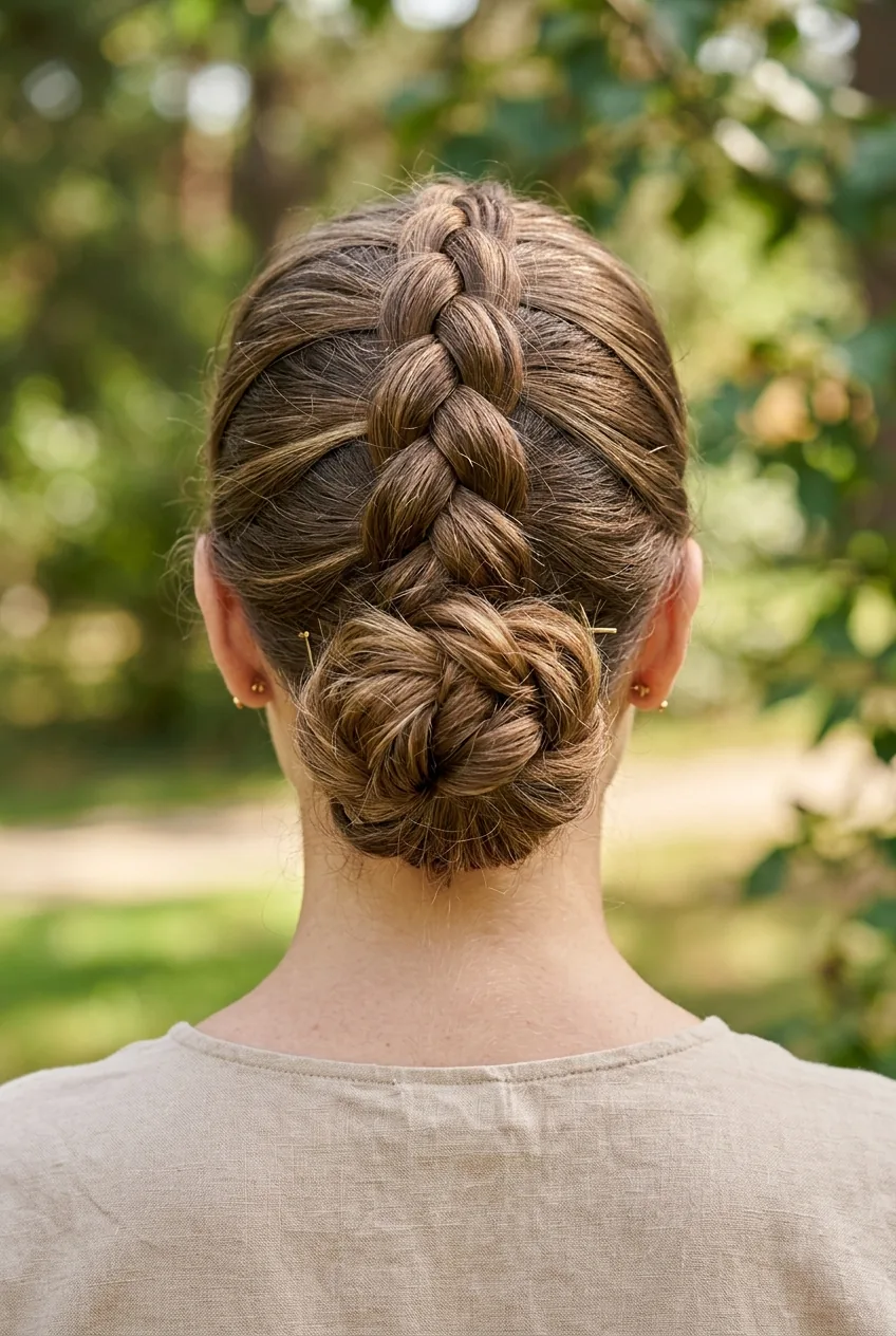 Back view of Dutch braid transitioning into textured bun showing raised pattern