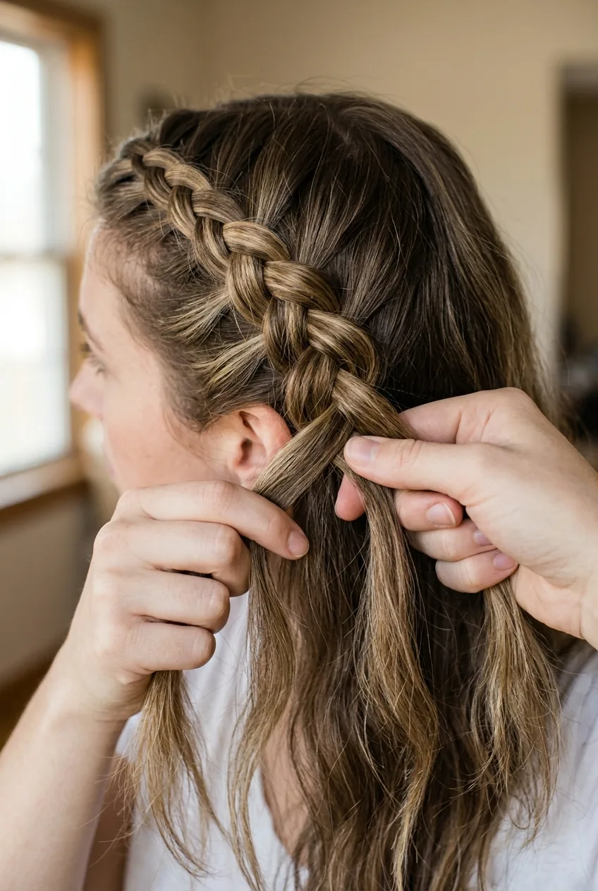Side view of Dutch braid in progress showing underhand weaving technique with fingers