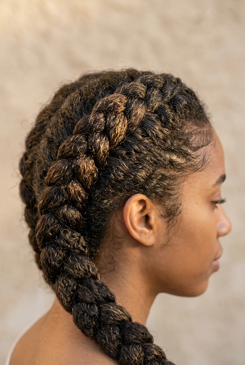 Side profile of Dutch braid creating volume in 3C textured hair
