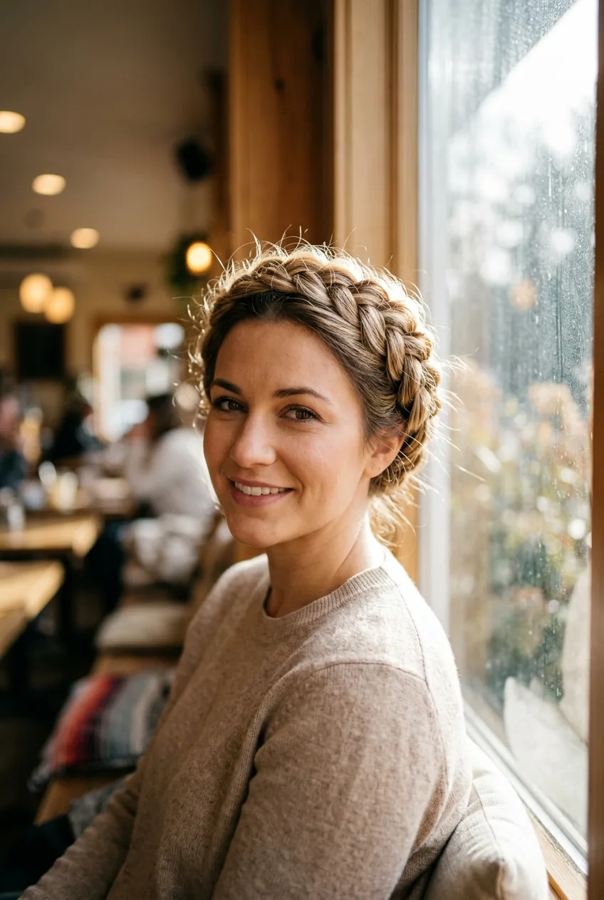 Woman with Dutch crown braid wrapping around head like halo with intricate weaving detail